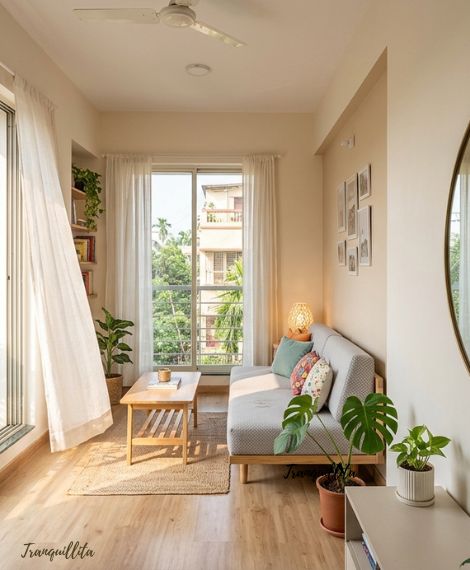 1. A transformed 2 BHK at Wonderland near RN Tagore Hospital, Mukundapur, Kolkata-700099 by TRANQUILLITA. Oversized mirrors placed directly opposite to window to bounce sunlight and double up visual depth.