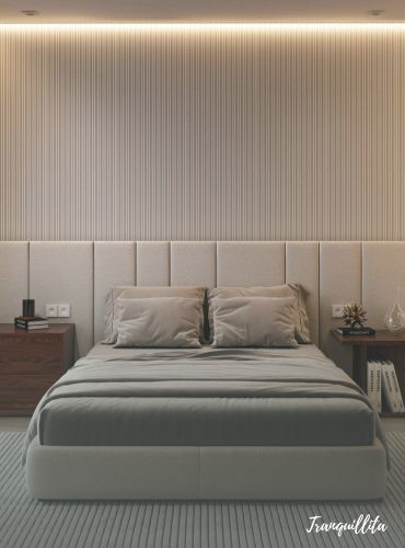 Minimalist bedroom. Matte rugs on floor & wall to cut light glare and soothe eyes. Layered lighting for gross visibility. Medium 2 BHK at Fultala Baruipur by Tranquillita